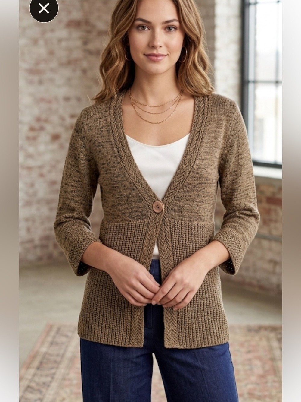 Elena Solano Brown Knit Cardigan One Button Front 3/4 Sleeve Size M